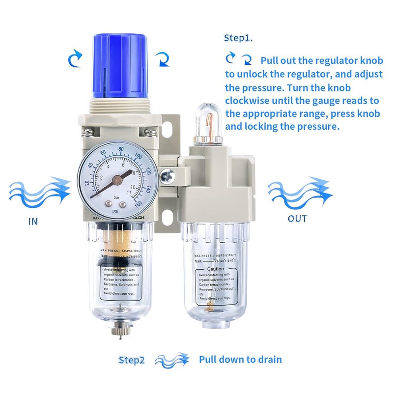BLCH 1/4" NPT Air Compressor Water Separator - Air Pressure Regulator Compressed Air Filter Regulator Lubricator Combo AC2010-02 Manual Drain Poly Bowl Gauge 0-160 PSI 5μm Brass - Image 4